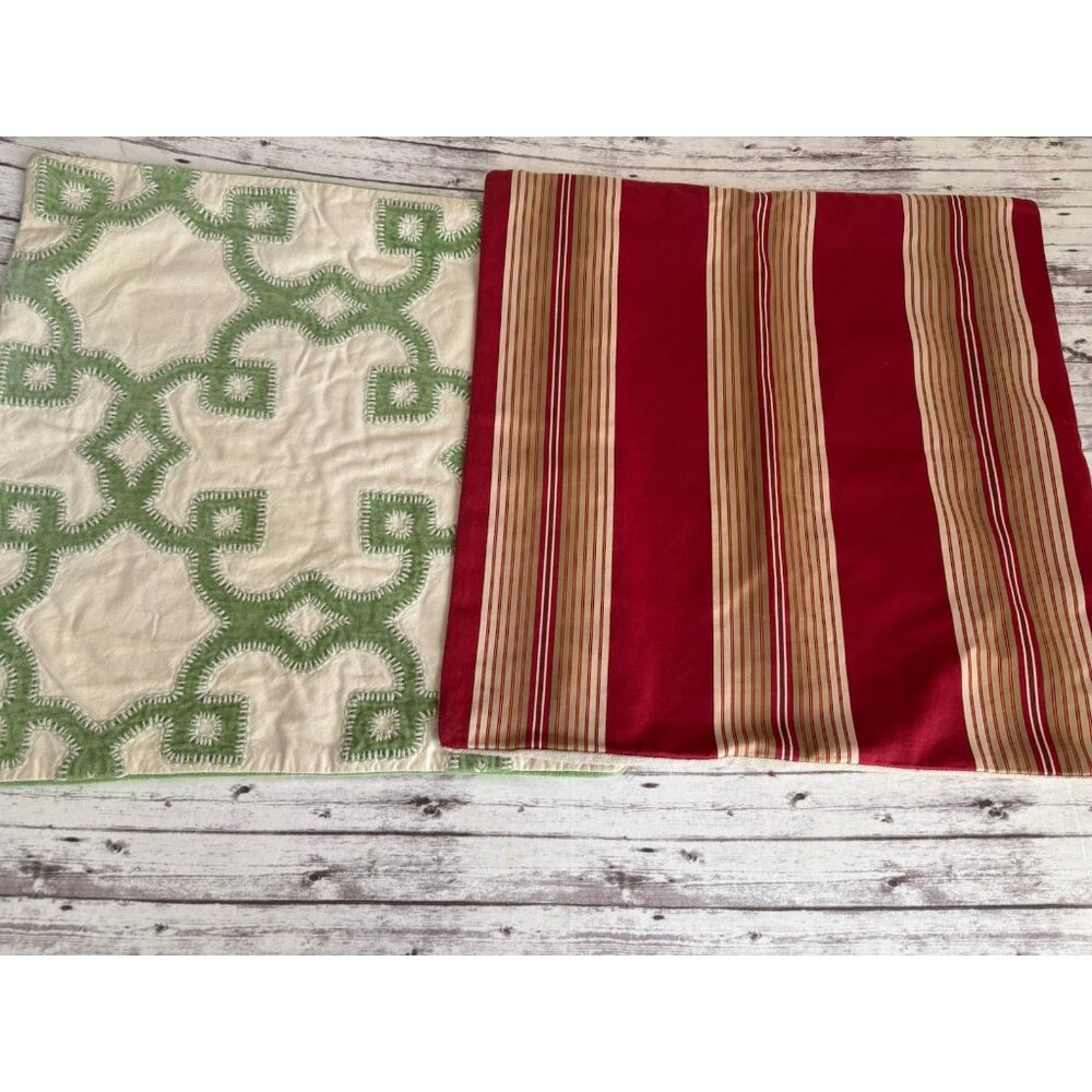POTTERY‎ BARN Set Pillow Shams Stripes Velvet Red Green COTTON LINEN Pillowcases